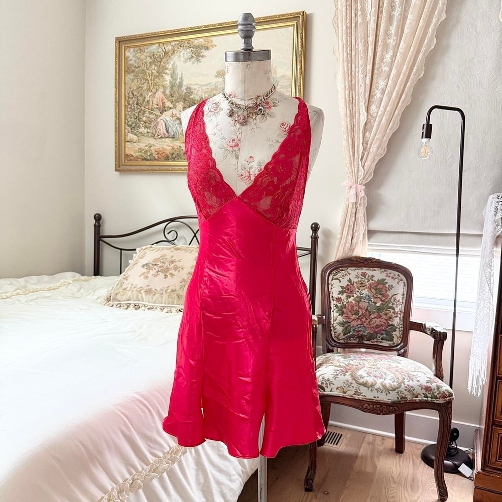 red lace halter slip  Fredericks of Hollywood size medium red satin halter